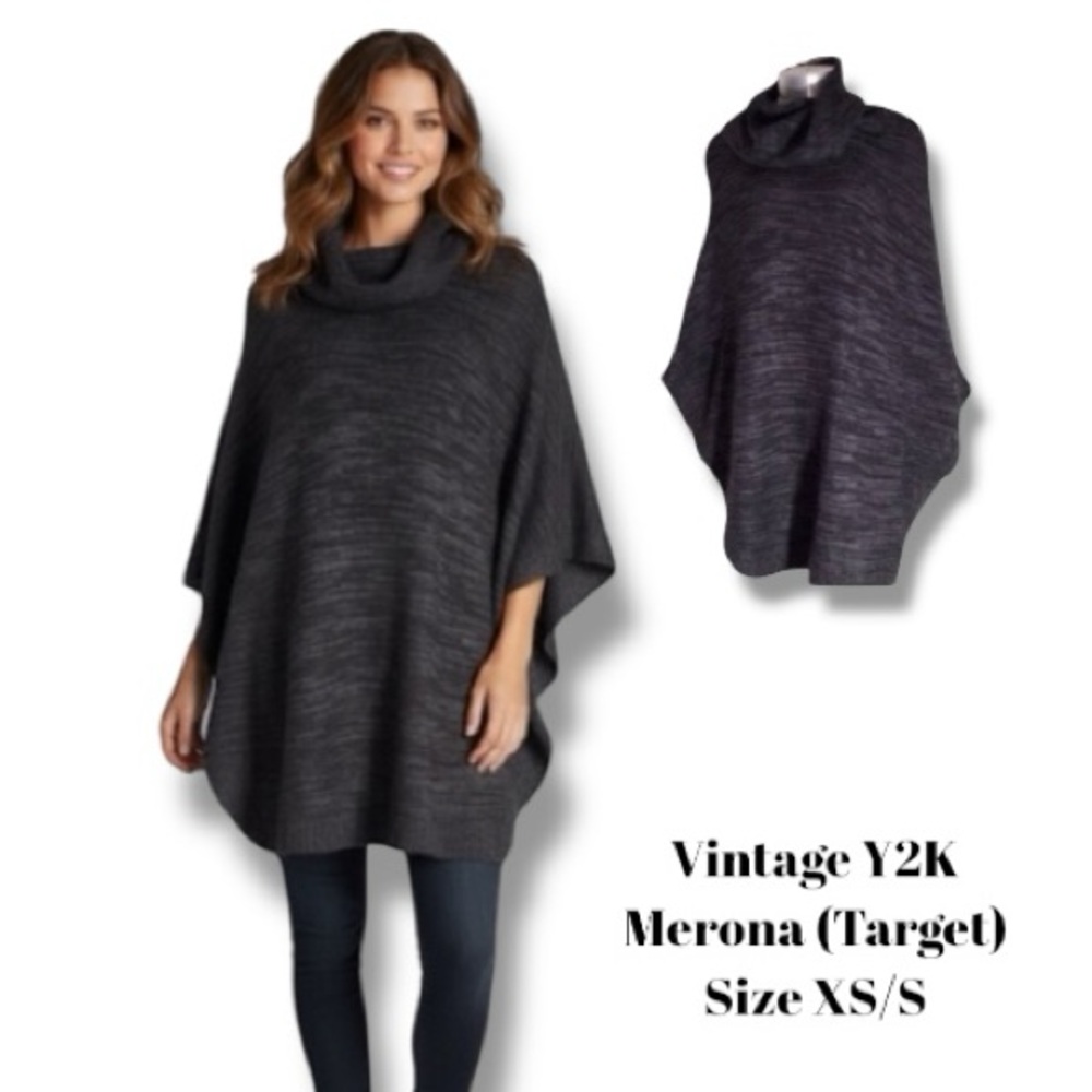 Merona Vintage Y2K Poncho Gray Marled Knit Cowl-neck Sleeves Western Preppy XS/S